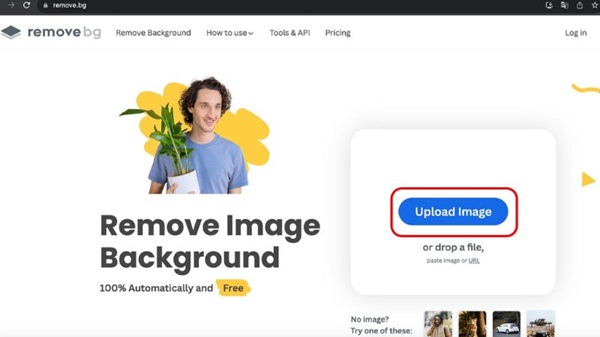 Chọn trang web Removebg và nhấn nút “Upload Image” để tải lên tấm ảnh