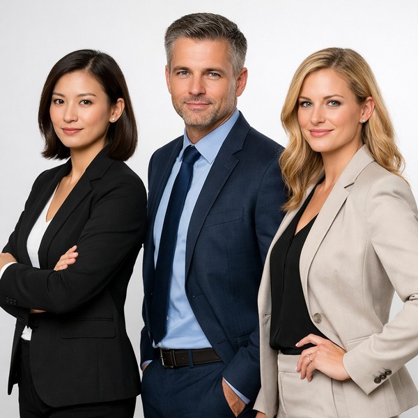 Cả 3 người quay người nghiêng khoảng 45 độ so với máy ảnh