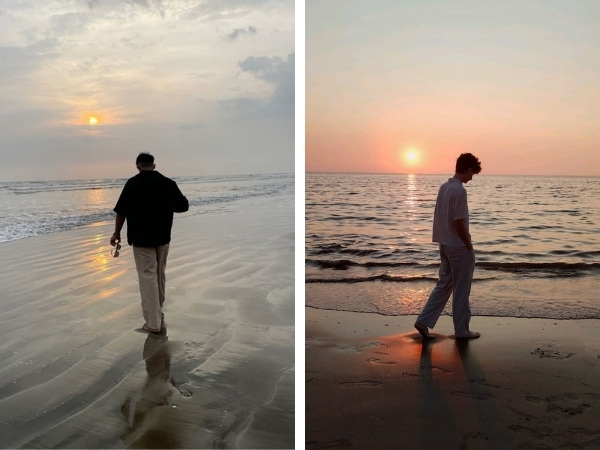 Chụp ảnh sau lưng nam đang bước đi trên cát