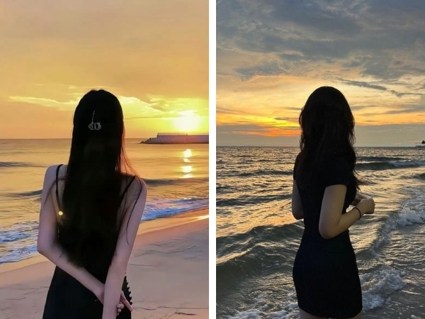 Đứng quay lưng nhìn ra biển, tay để sau lưng hoặc trước bụng