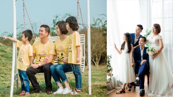 Tạo dáng chụp ảnh gia đình nhìn về một hướng