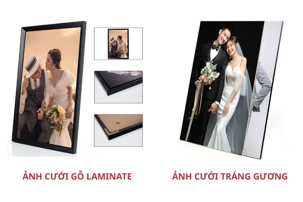 Gỗ Laminate và tráng gương là hai chất liệu phổ biến khi in ảnh cưới để cổng