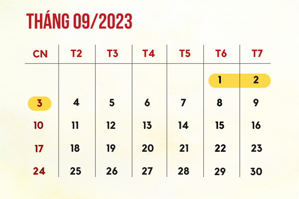 Nghỉ lễ Quốc khánh mùng 2/9 của NLĐ làm việc vào thứ 7 phương án 1