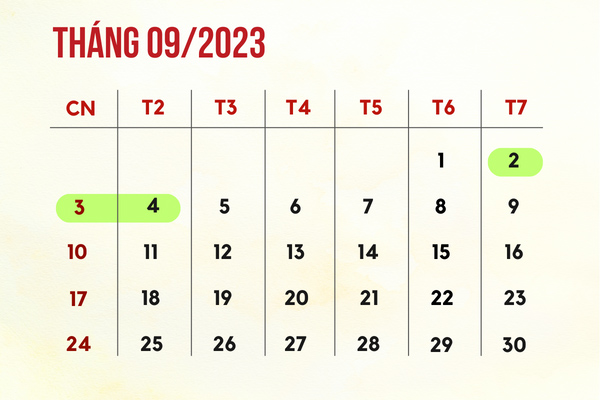 Nghỉ lễ Quốc khánh mùng 2/9 của NLĐ làm việc vào thứ 7 phương án 2