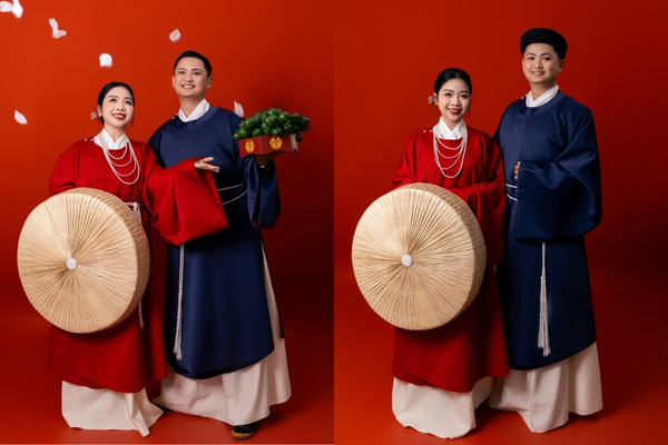 Phông nền ảnh cưới Hàn Quốc màu đỏ tạo nên không gian ấm áp, nồng nhiệt