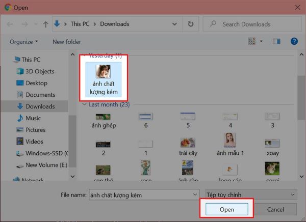 Chọn ảnh cần tăng chất lượng > Chọn Open để tải ảnh lên và chờ quá trình xử lý ảnh hoàn tất