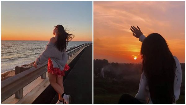 Tạo dáng chụp ảnh hoàng hôn giơ tay hứng nắng