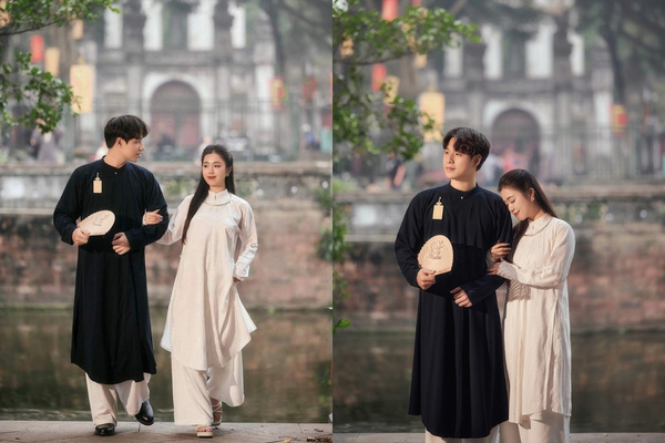 Tạo dáng chụp ảnh Tết với áo dài là ý tưởng mà các cặp đôi không nên bỏ qua