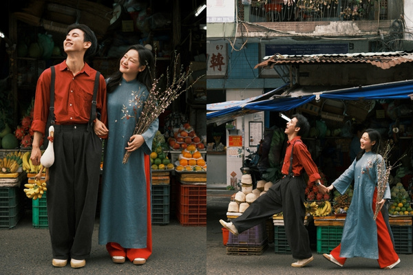 Tạo dáng chụp ảnh Tết cho cặp đôi giữa chợ xuân truyền thống