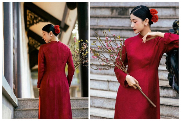 Dáng đứng thướt tha bên tà áo dài, hoa đào ngày Tết