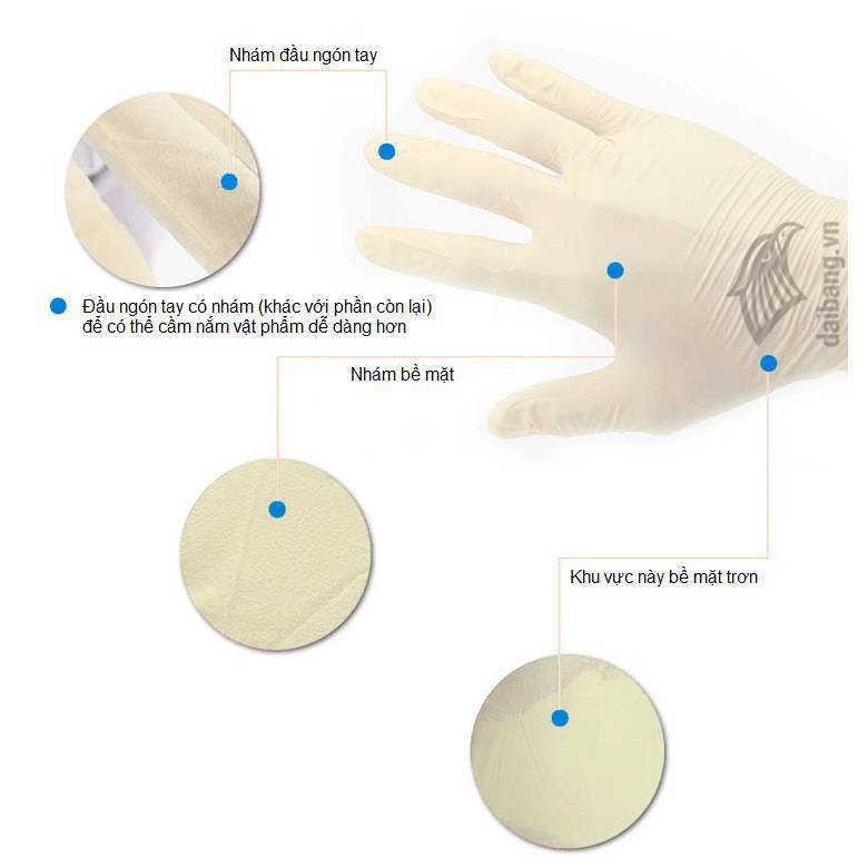 Găng tay Latex có nhám đầu ngón tay để tăng ma sát khi cầm vật phẩm