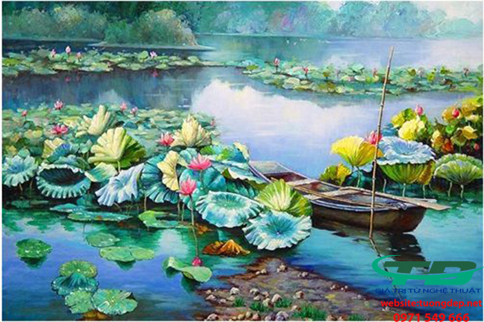 Vẽ tranh tường hoa sen trong phòng khách