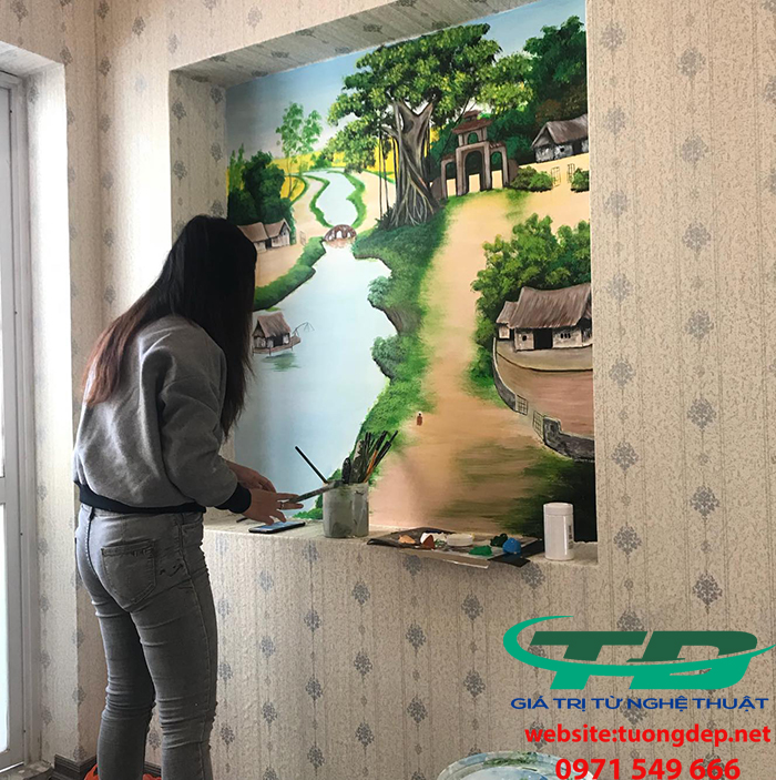 Vẽ Tranh Tường Phòng Khách Phong Cảnh Làng Quê Việt