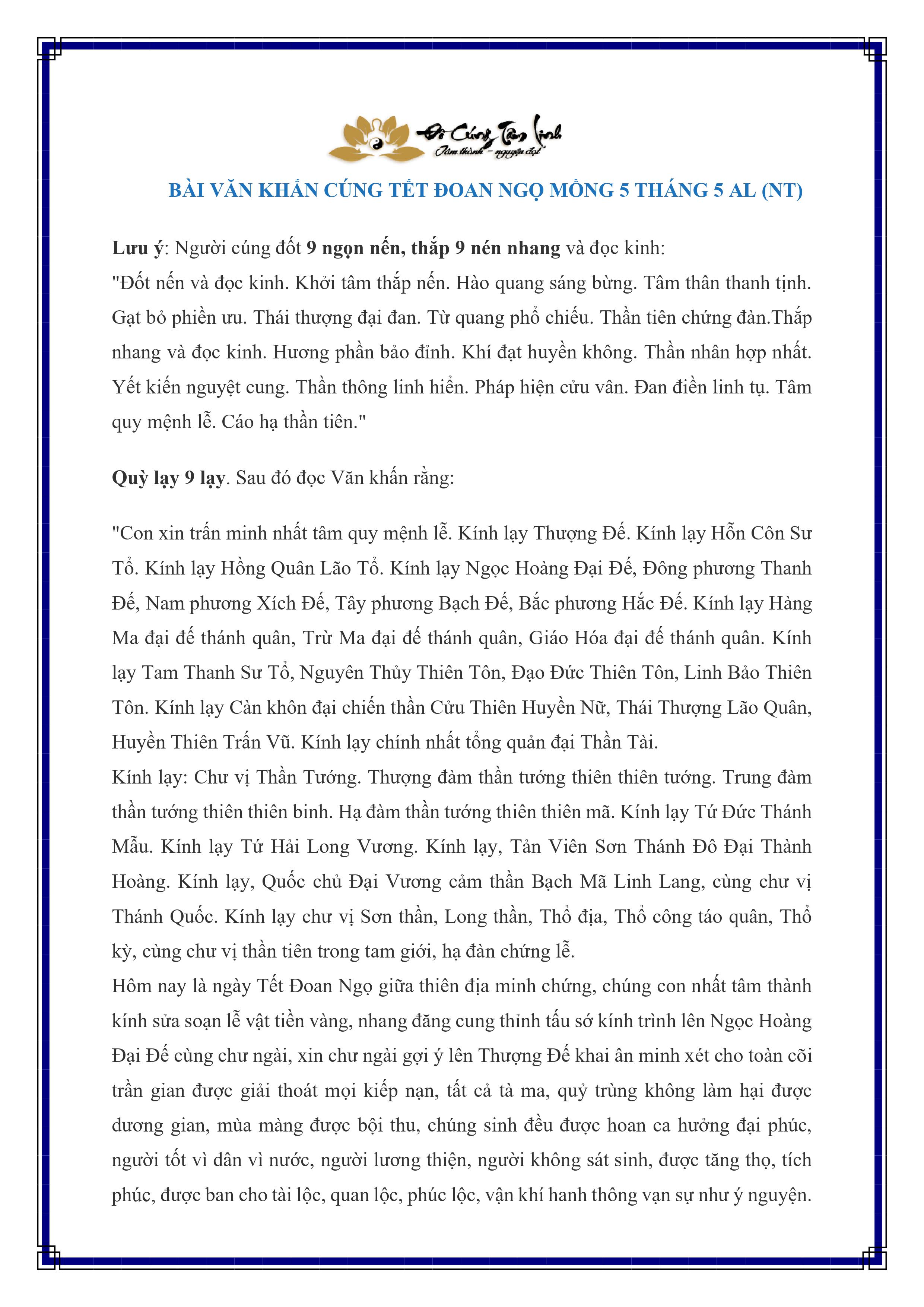 Bài Văn Khấn Cúng Tết Đoan Ngọ Ngoài Trời