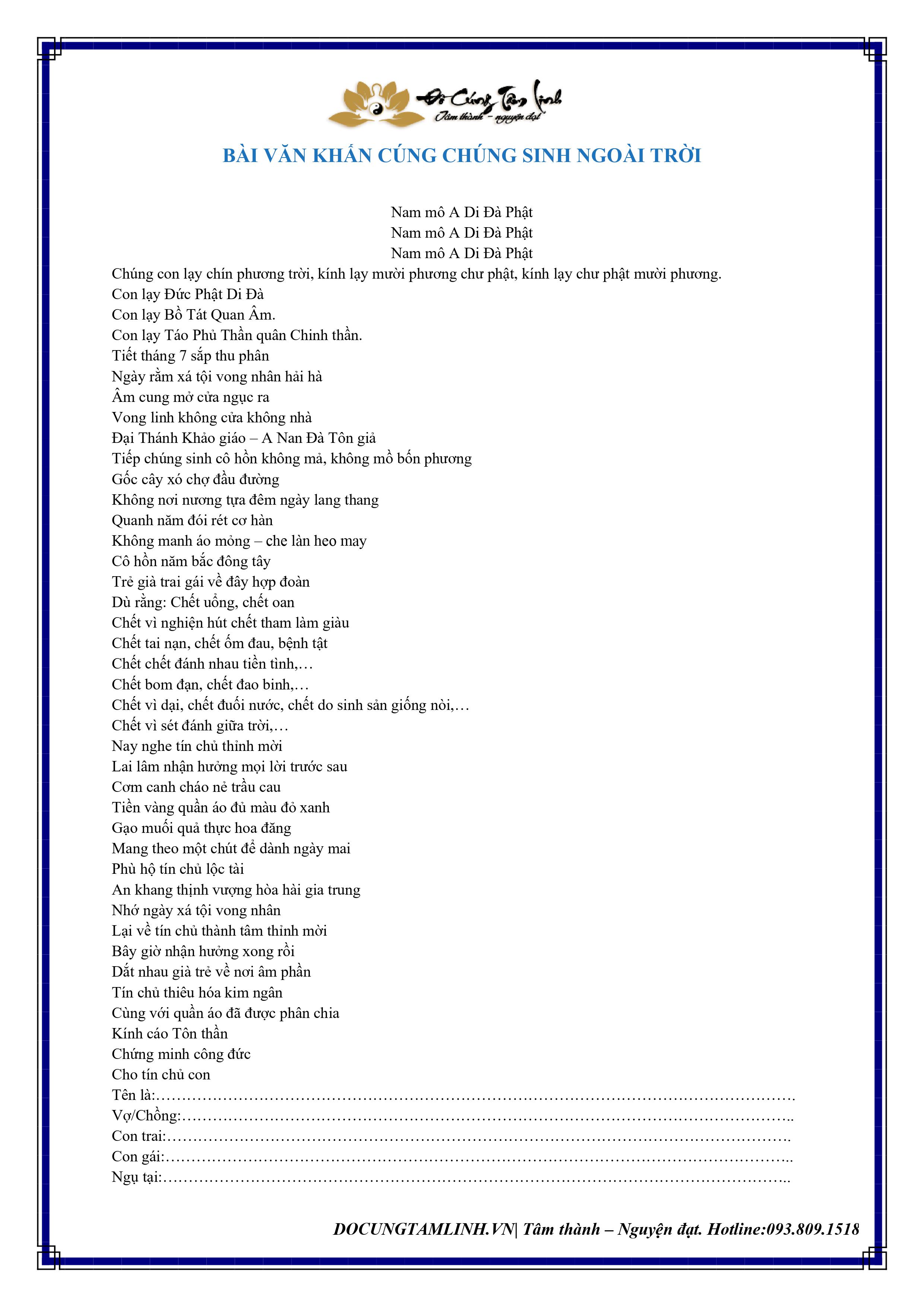 Bài Văn Khấn Cúng Chúng Sinh Ngoài Trời