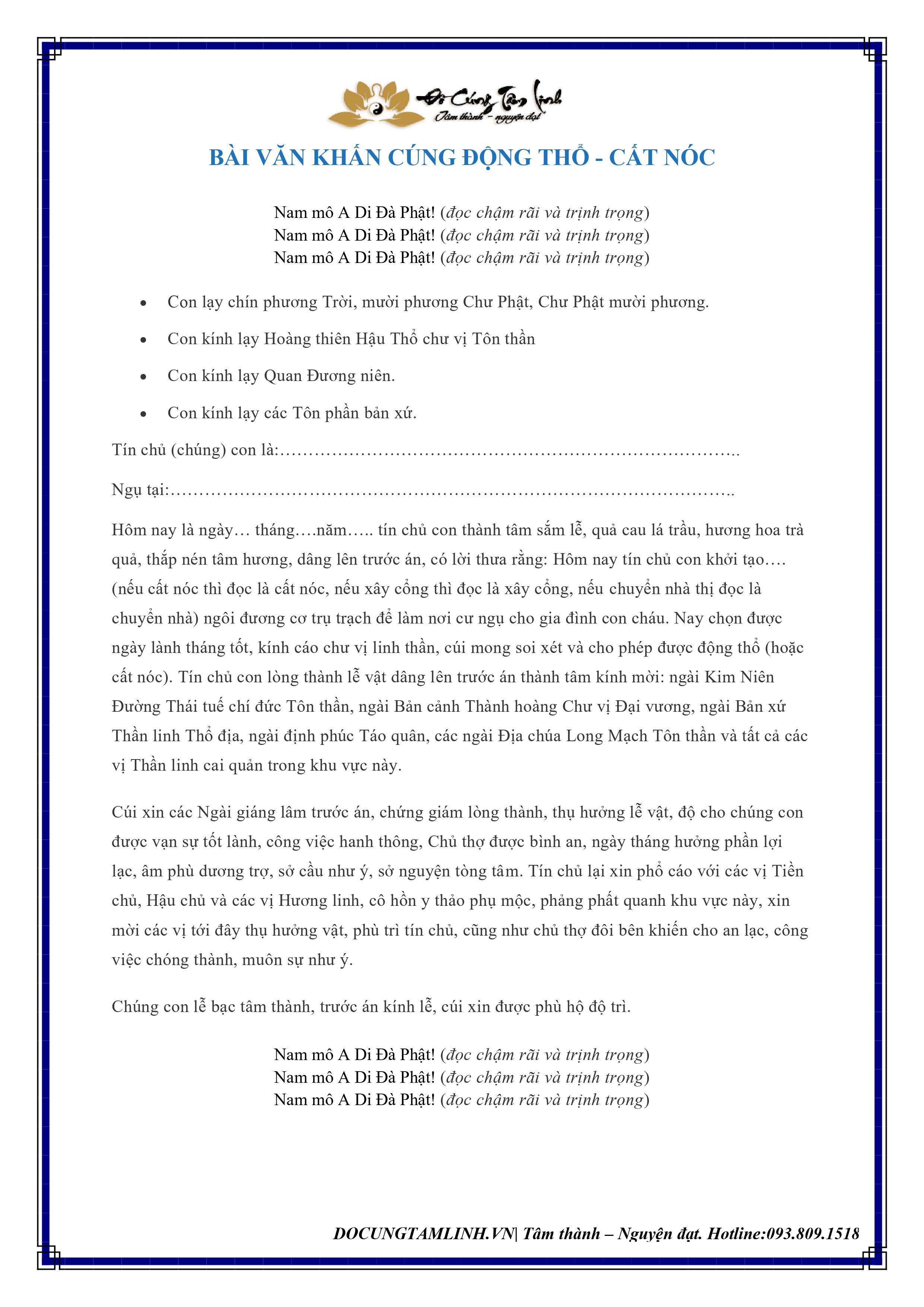 Bài Văn Khấn Cúng Động Thổ - Cất Nóc