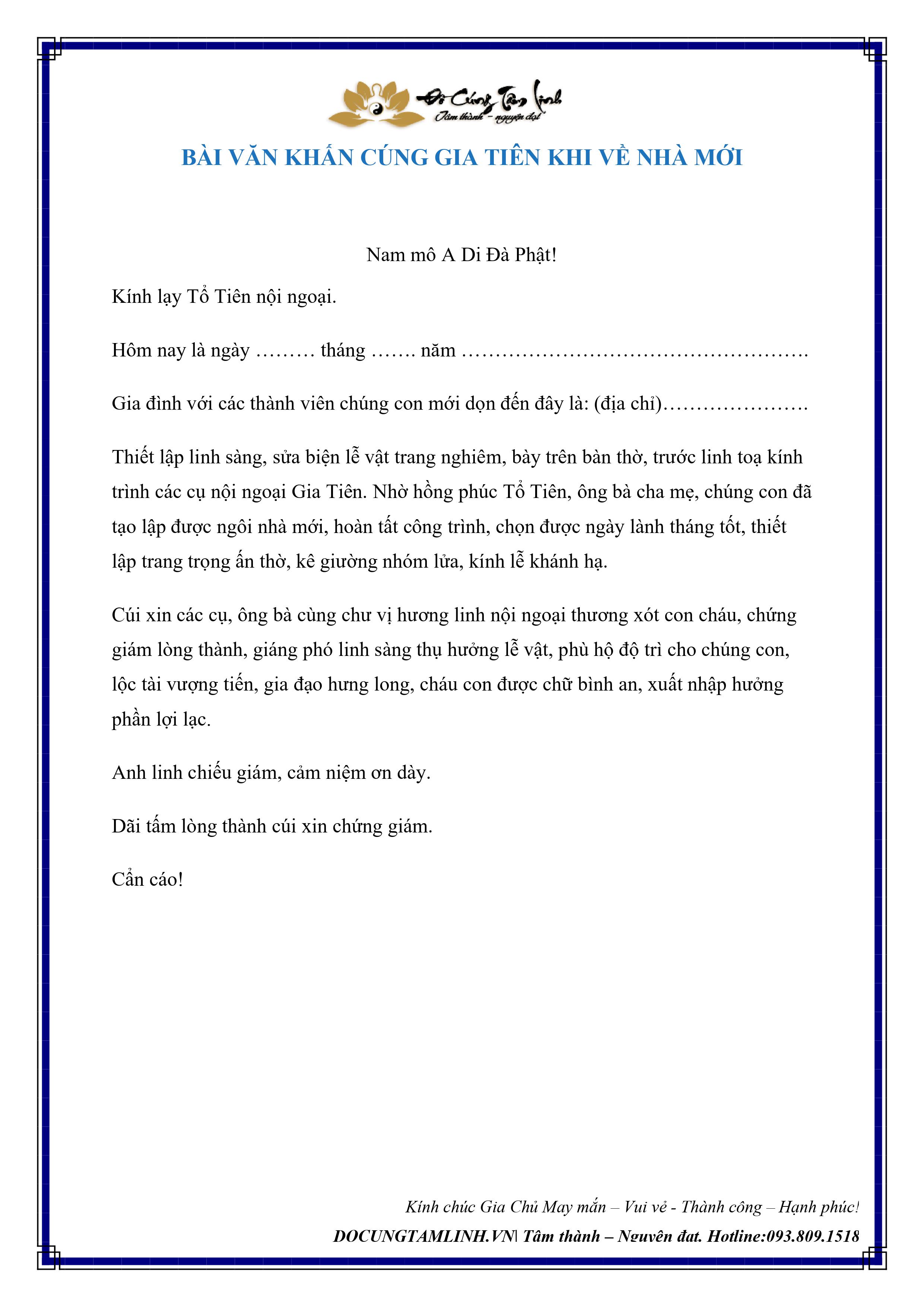 Bài Văn Khấn Cúng Gia Tiên Khi Về Nhà Mới