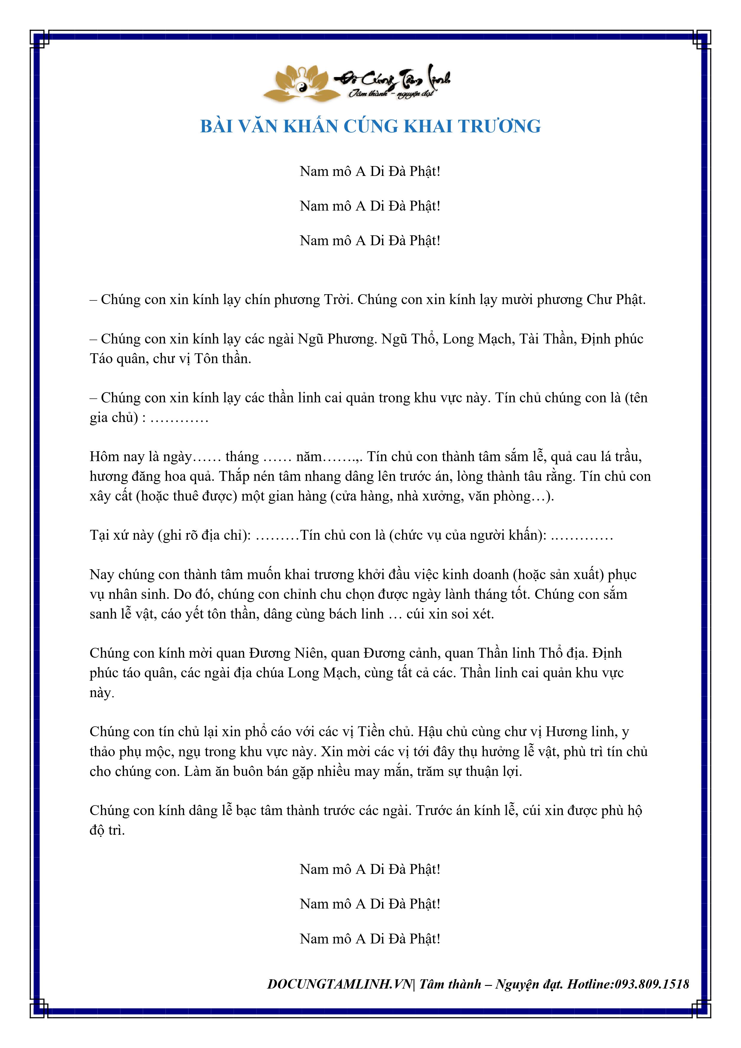 Bài Văn Khấn Cúng Khai Trương (Trong Năm)