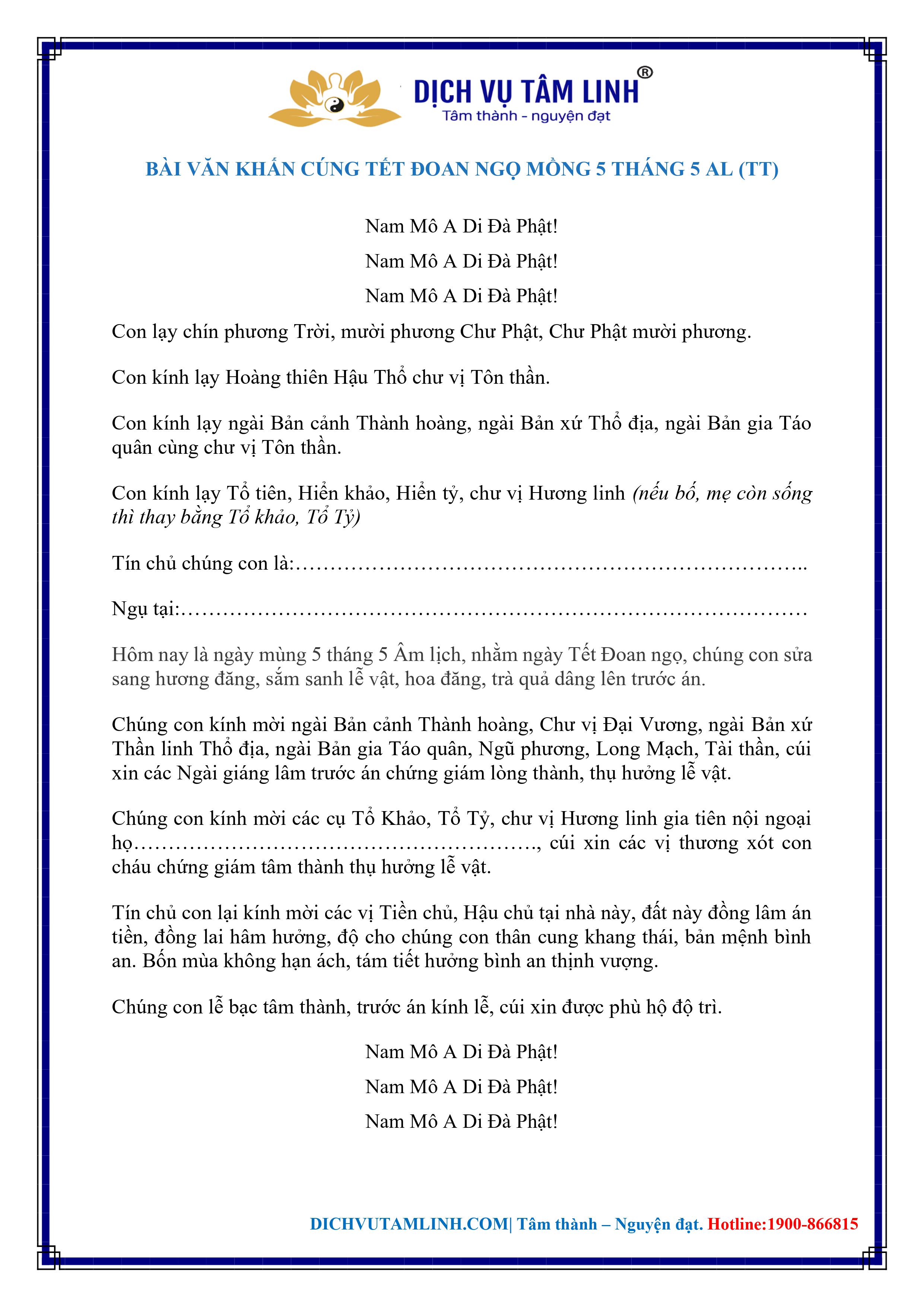 Văn Khấn Cúng Tết Doan Ngọ