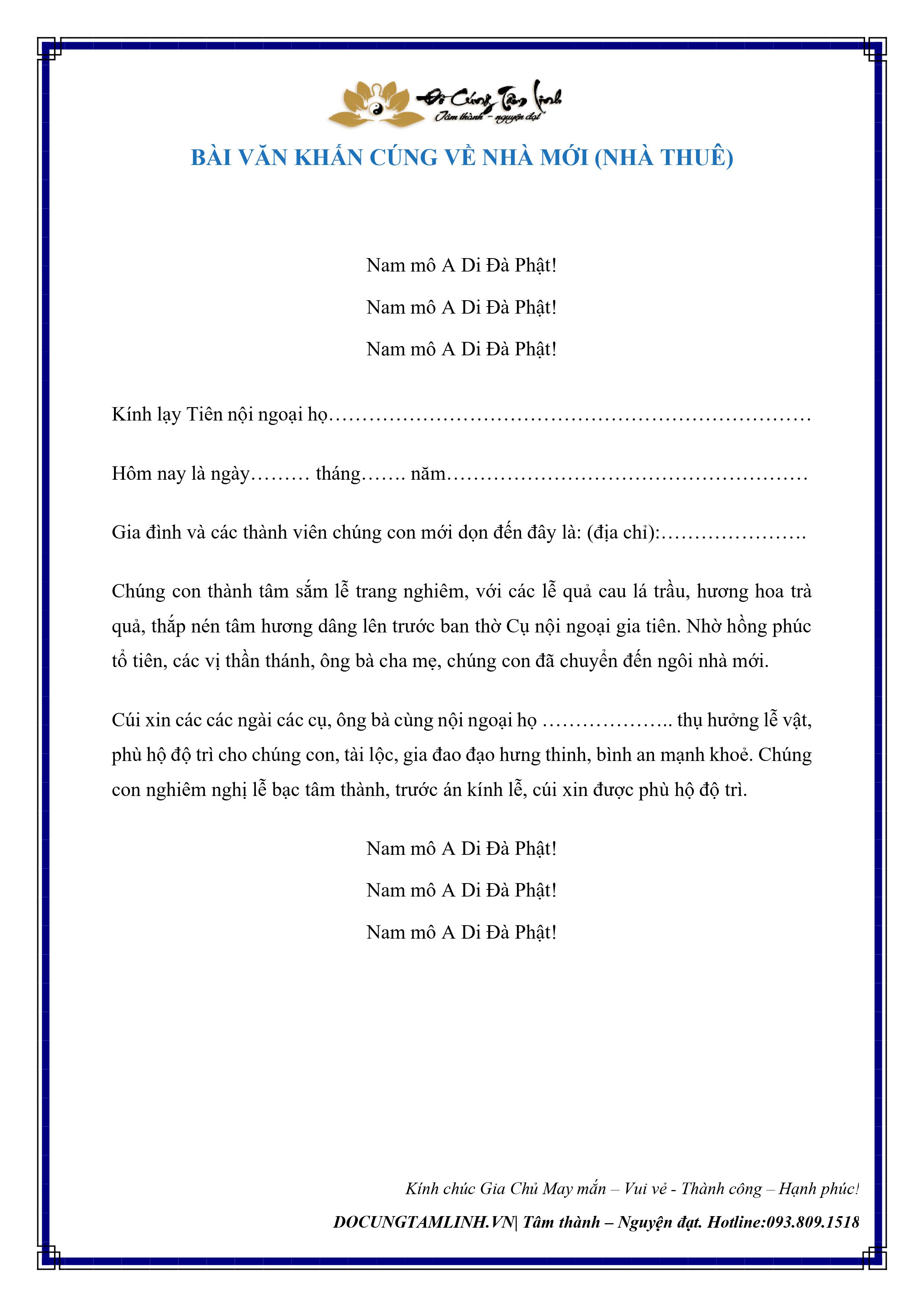 Bài Văn Khấn Cúng Về Nhà Mới (Nhà Thuê)