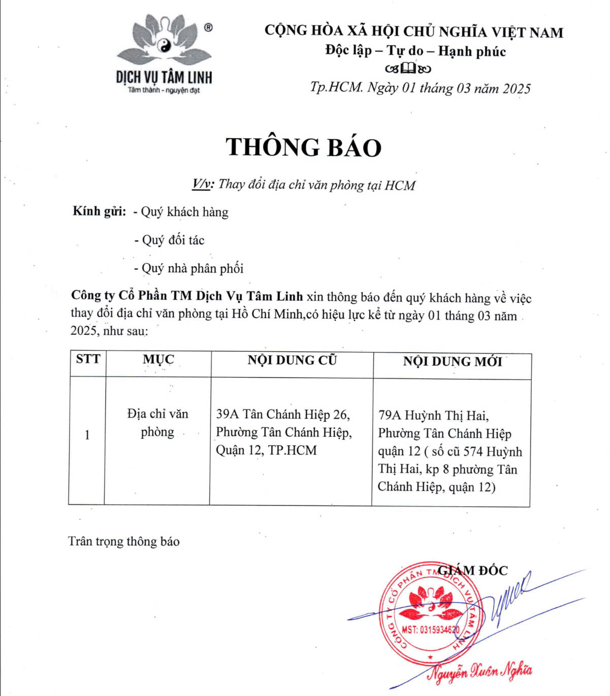 Dịch Vụ Tâm Linh Thông Báo Thay Đổi Địa Chỉ