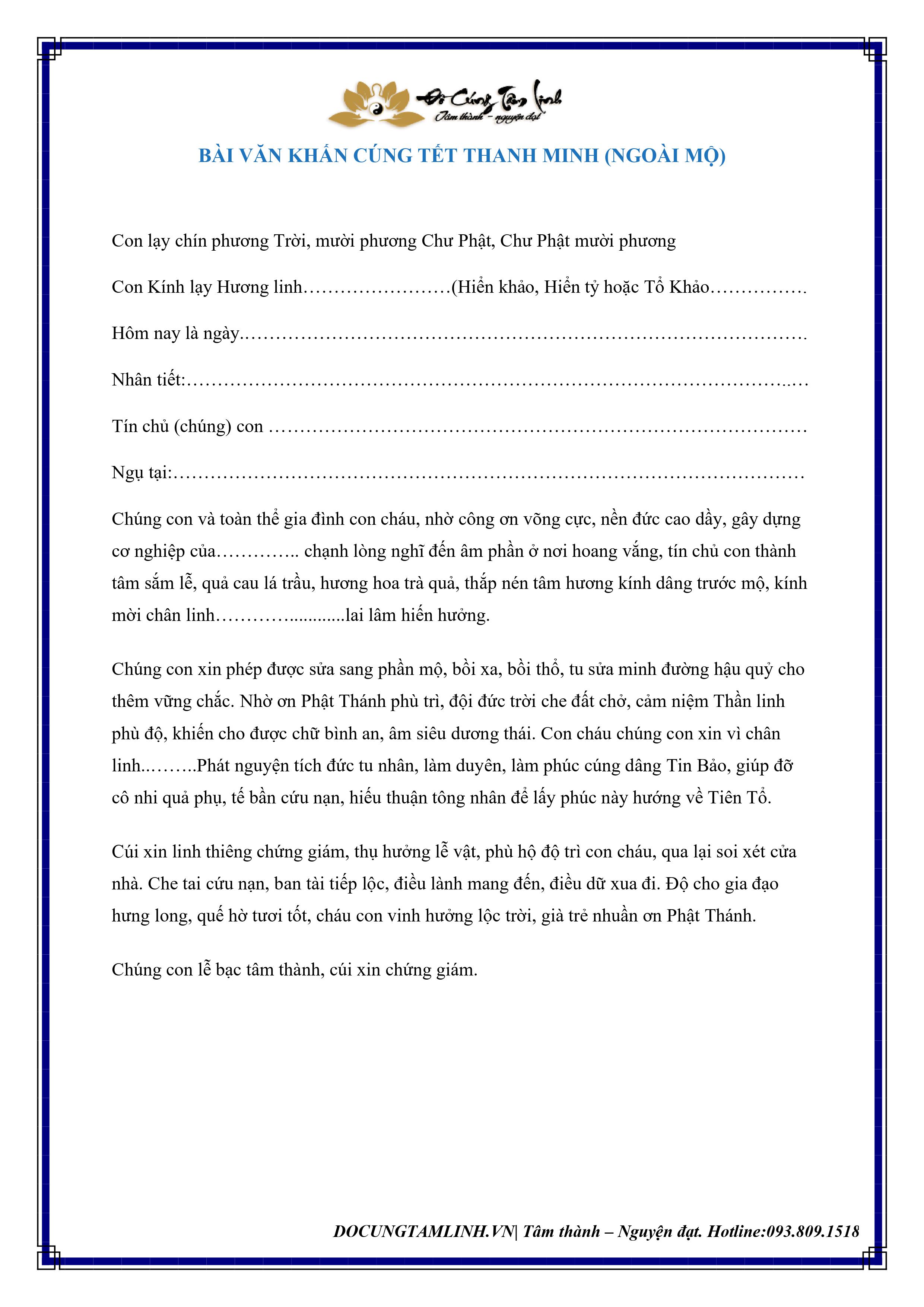 Văn Khấn Cúng Tiết Thanh Minh Ngoài Mộ