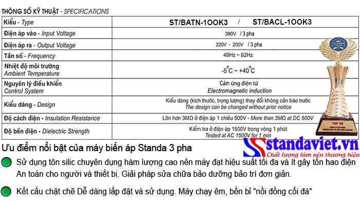 Thông số kỹ thuật Biến áp 3 pha Standa 100kVA