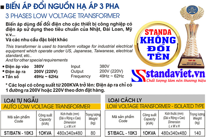 Thông số kỹ thuật Biến áp Standa 10kVA 3 pha