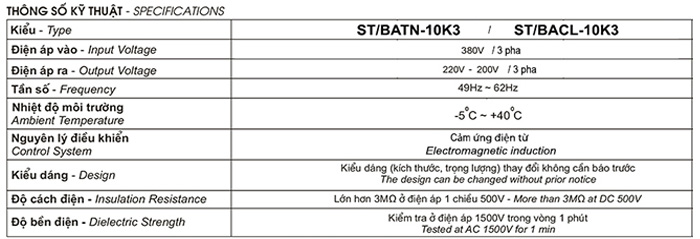 Thông số kỹ thuật Biến áp Standa 10kVA 3 pha Thông số kỹ thuật Biến áp Standa 10kVA 3 pha