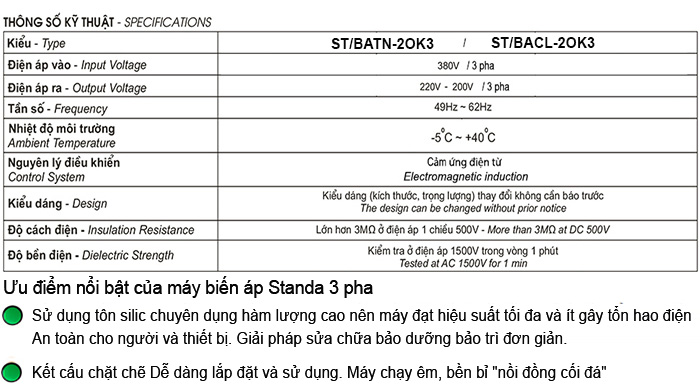 Thông số kỹ thuật Biến áp Standa 20kVA chính hãng Thông số kỹ thuật Biến áp Standa 20kVA chính hãng
