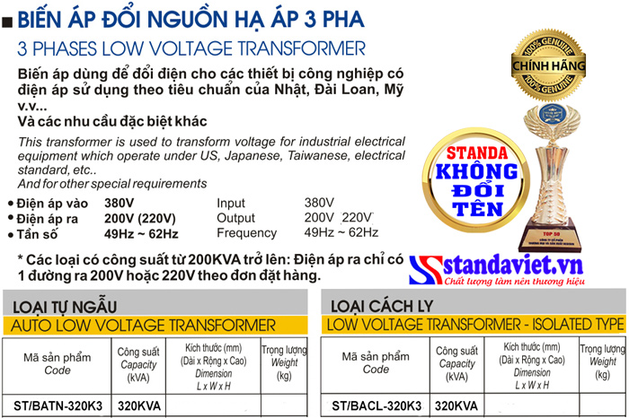 Thông số kỹ thuật Biến áp Standa 320kVA Thông số kỹ thuật Biến áp Standa 320kVA