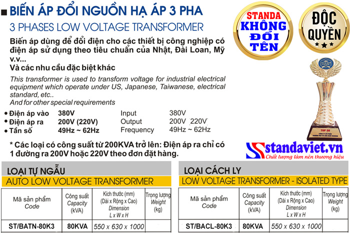 Thông số kỹ thuật Biến áp Standa 80kVA