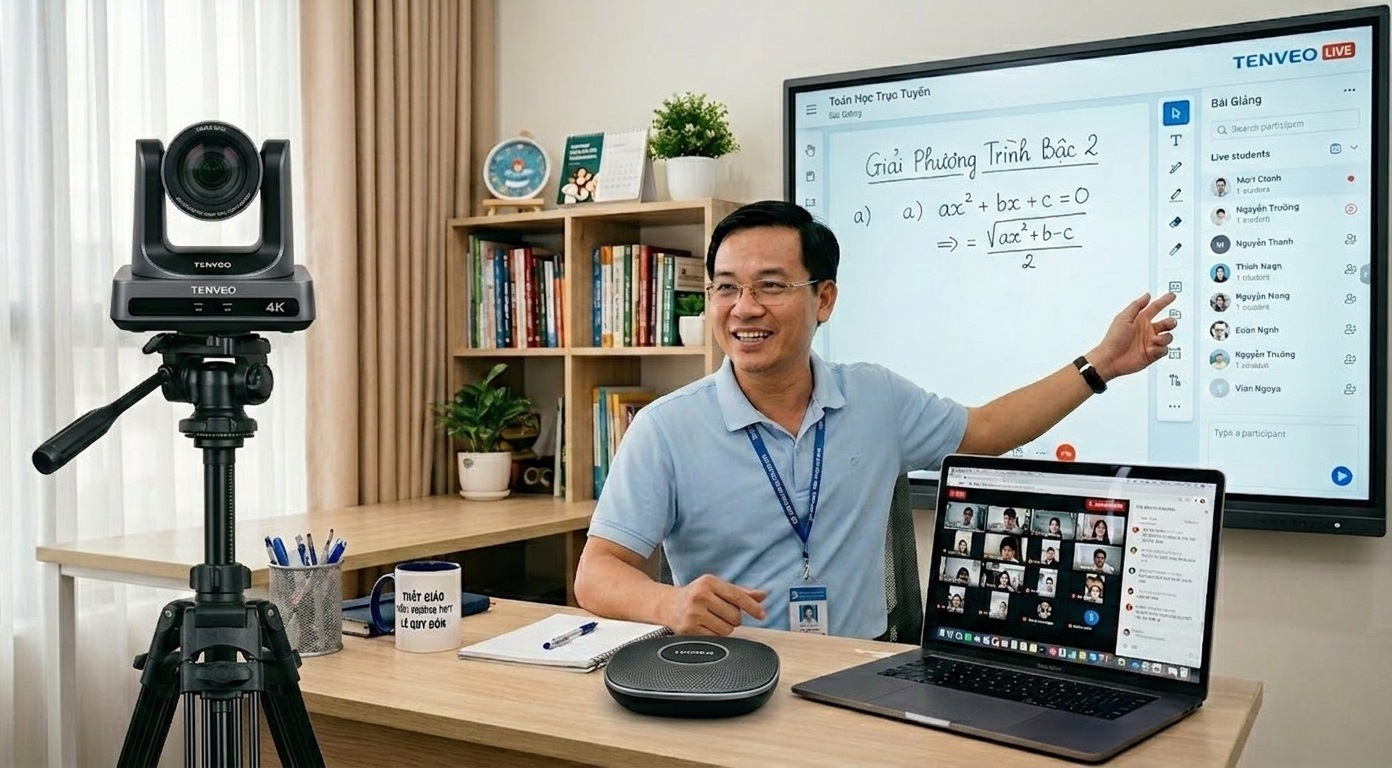 set-up lớp học online với màn hình tương tác và thiết bị họp trực tuyến