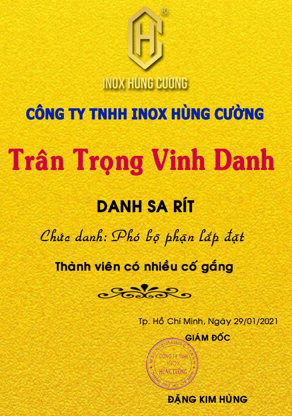 Bảng vinh danh màu vàng cho nhân viên xuất sắc