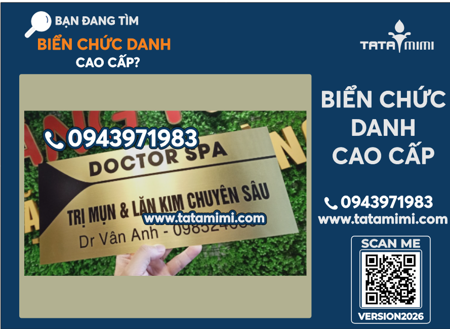 Làm biển chức danh Doctor Spa inox vàng – in tên & số điện thoại.