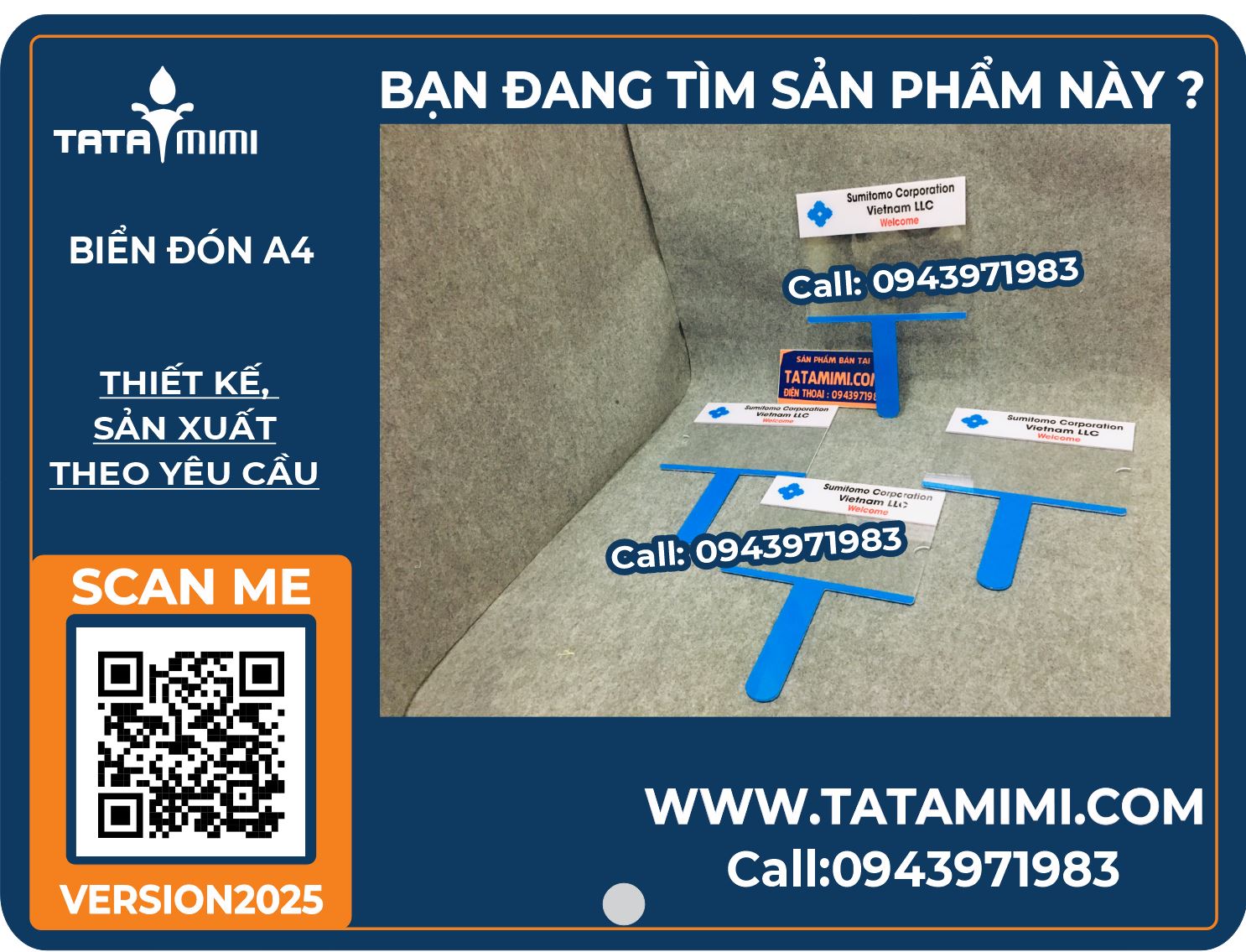 Mẫu biển đón A4 ngang mica xanh coban in logo công ty nhật