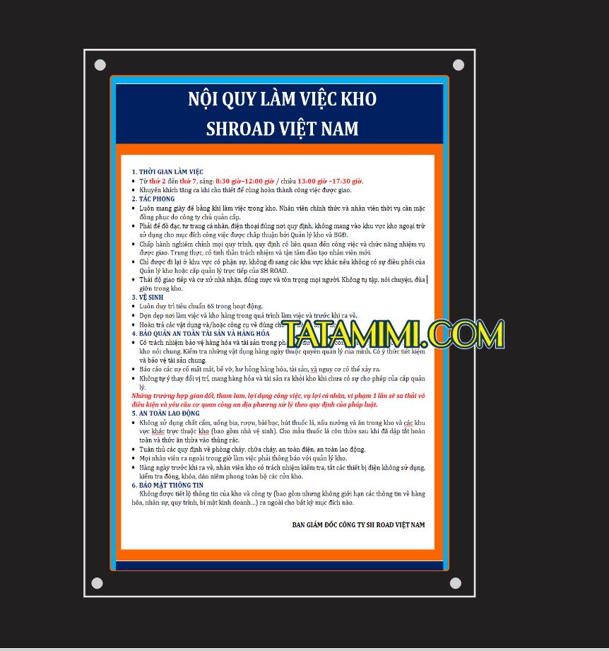 Tạo Dấu Ấn Chuyên Nghiệp với Biển Nội Quy Công Ty Tại TATA MIMI