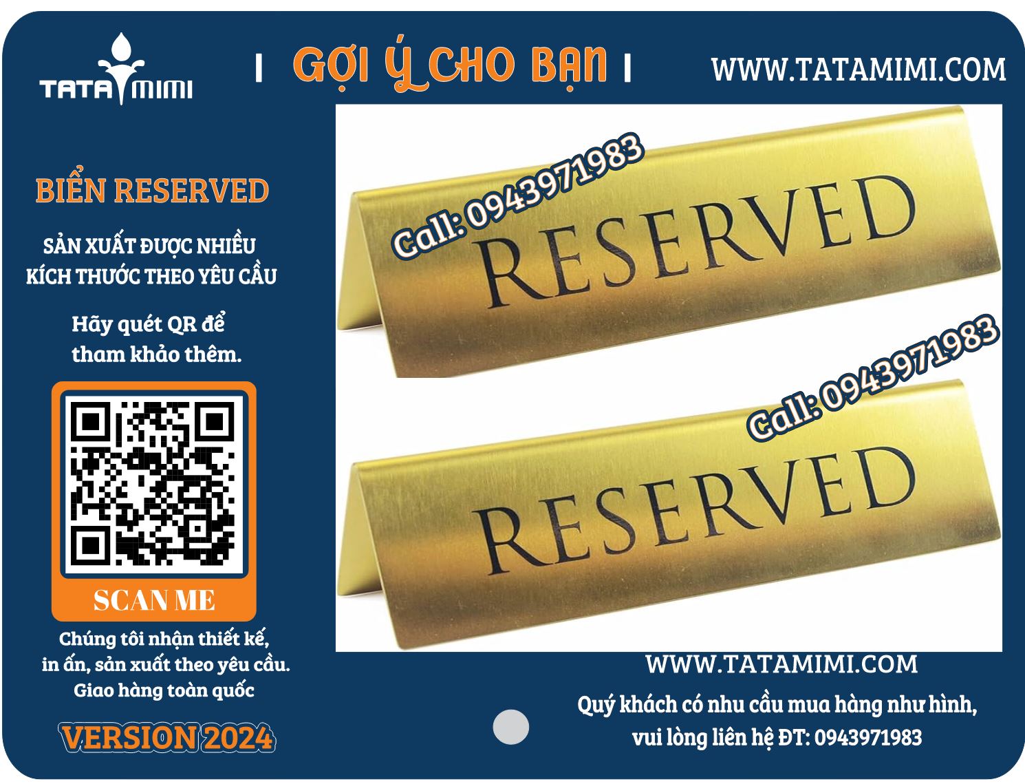 Biển Reserved inox vàng