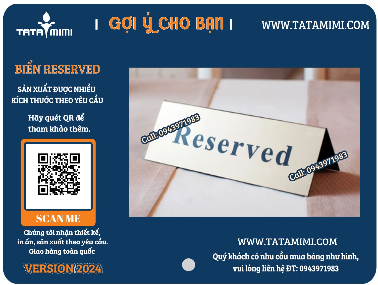 Biển reserved cho nhà hàng bằng mica xanh chữ vàng