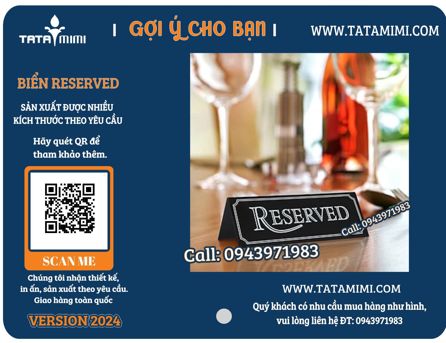 Biển reserved cho nhà hàng bằng mica xanh chữ vàng