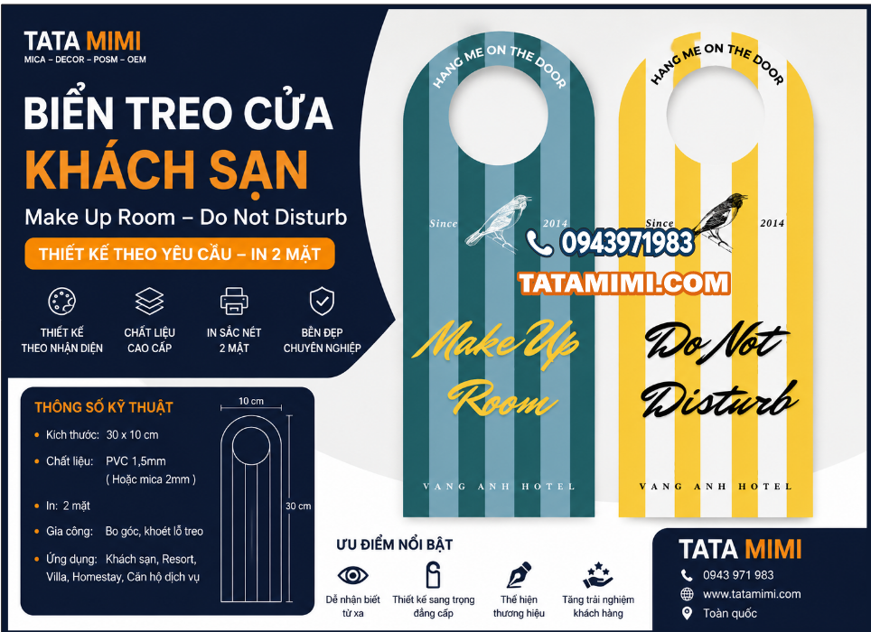 Biển treo cửa khách sạn Make Up Room – Do Not Disturb theo yêu cầu
