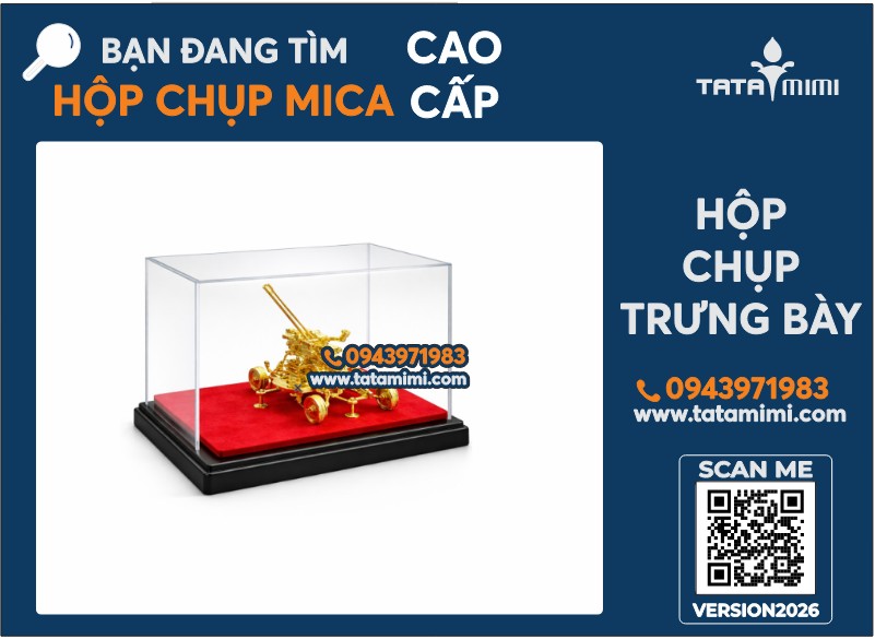Hộp mica trưng bày mô hình pháo 255x170x182 mm – hộp chụp mica đế đỏ viền đen