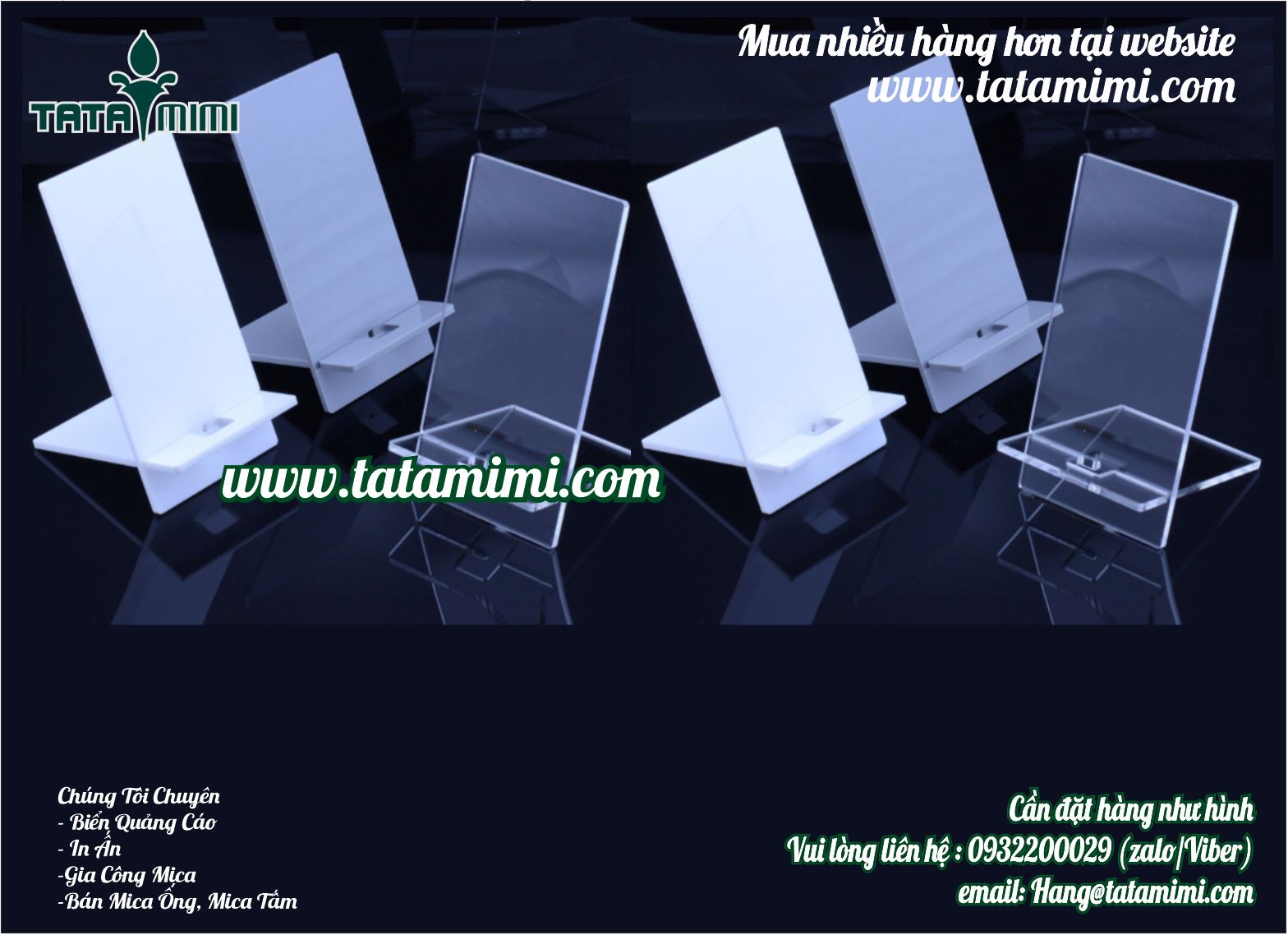 Kệ điện thoại mica in logo decal hay UV