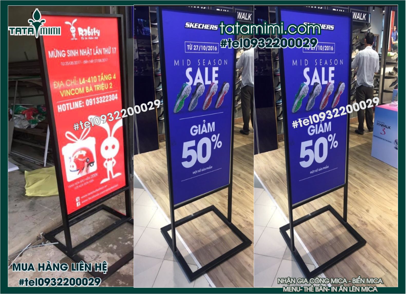 Standee để đất thân sắt mặt bằng fomex bồi decal