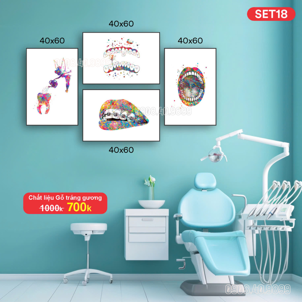 set tranh gỗ tráng gương treo phòng khám nha khoa
