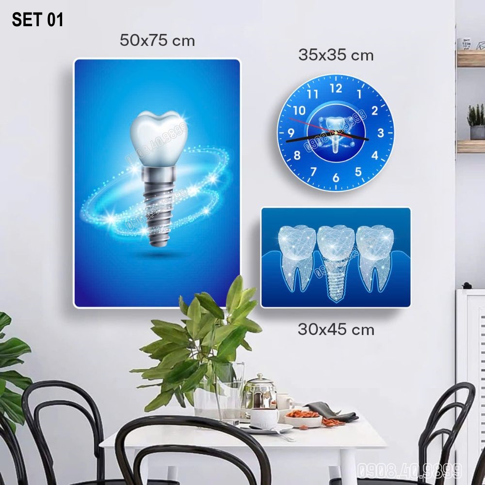 set tranh, đồng hồ nha khoa tráng gương treo tường