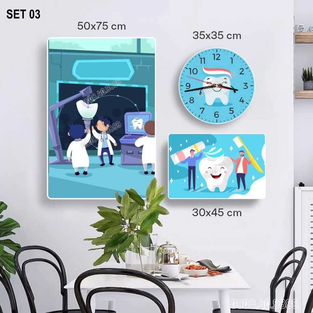 set tranh, đồng hồ nha khoa tráng gương treo tường