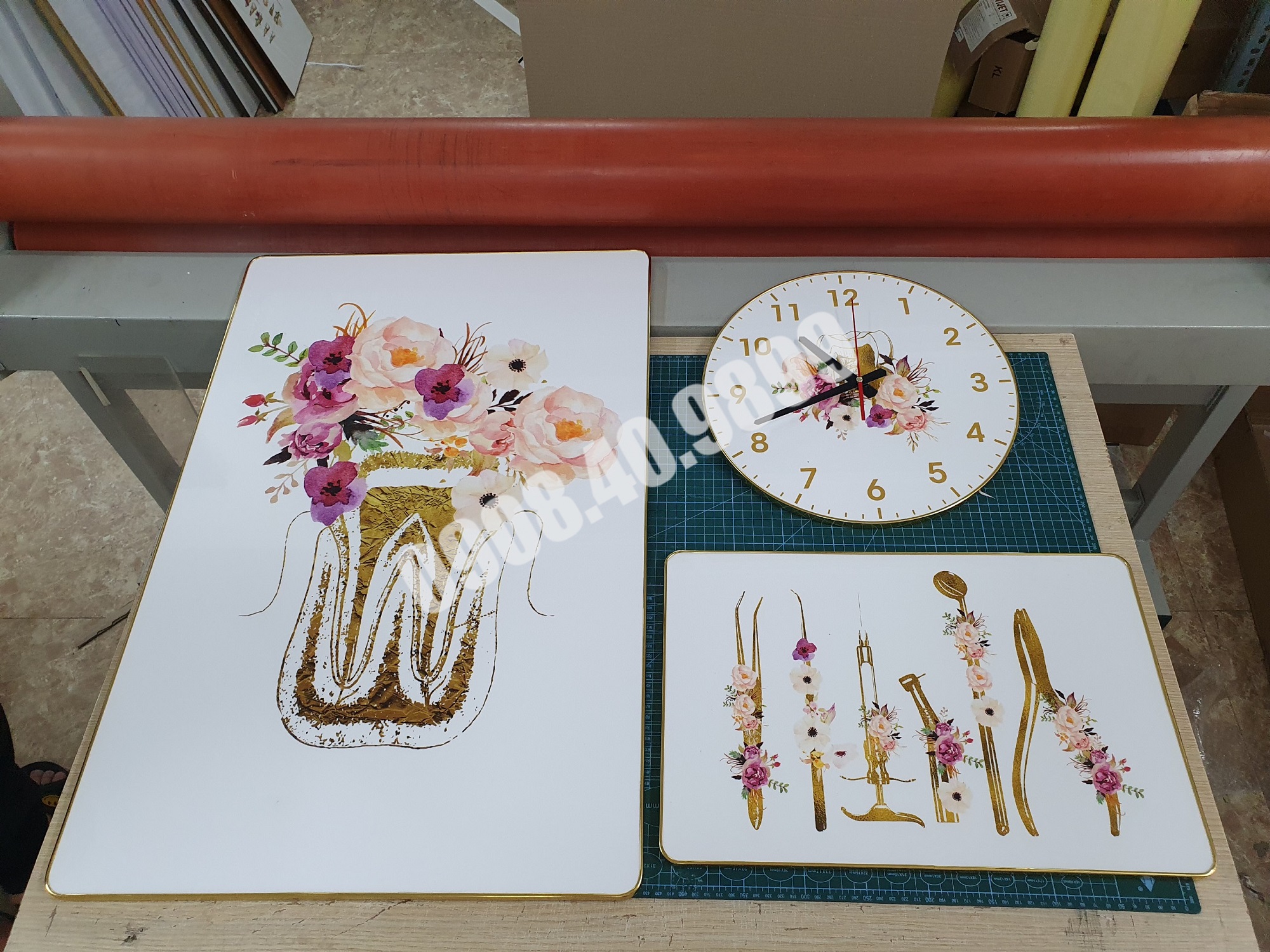 set tranh, đồng hồ nha khoa tráng gương treo tường