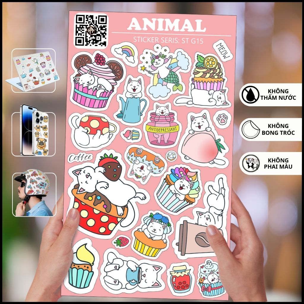 Hình dán sticker mèo Kaiwaii dễ thương Animal ST G15 chống thấm xước dán và gỡ bỏ dễ dàng không để lại keo phụ kiện huỳnh tân store