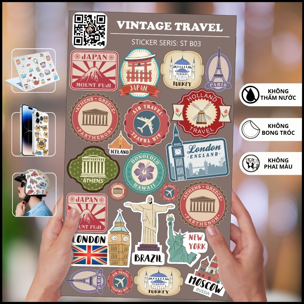Hình dán sticker du lịch Vintage Travel ST B03 chống thấm xước dán gỡ bỏ dễ dàng không để lại keo trang trí mũ bảo hiểm phụ kiện huỳnh tân store